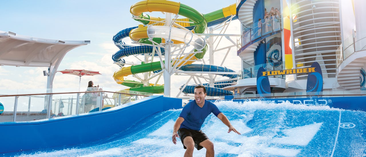 The Flowrider surf simulator with the Perfect Storm waterslide in the background