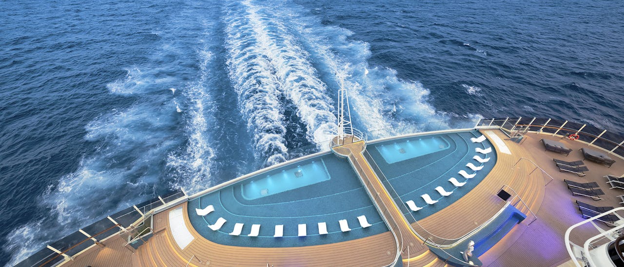 The glass-floored Bridge of Sighs located at the unique vantage point on deck 16-22 metres above the Infinity Pool.